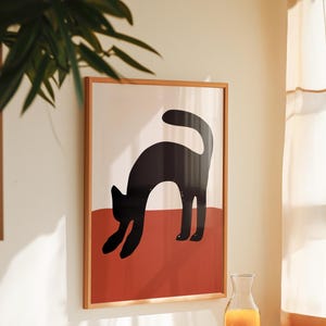 Stampa di gatti minimal e audace, arte murale di gatti neri e terracotta, poster ispirato a Chat Noir per soggiorno, camera da letto, corridoio o cucina
