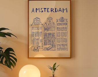 Minimalistisk Amsterdam-tryck, Amsterdam City Poster med blått bläck, väggkonst med Nederländerna-tema
