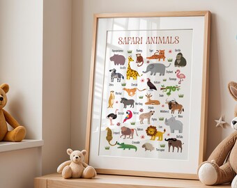 Safari Animals Poster | Nursery Playroom Wall Art Print | Kids Room ...