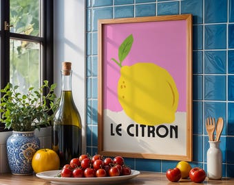 Le Citron Lemon Poster, Bold Mid-Century Kitchen Print, New Home Decor Gift, Vibrant Pink and Yellow Wall Art, Colourful Poster