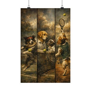 May include: A vertical triptych wall art print depicting dogs playing tennis on a court. The scene features a black and white dog with a red headband, a golden retriever, a French bulldog, and a beagle wearing a green vest, all holding rackets.