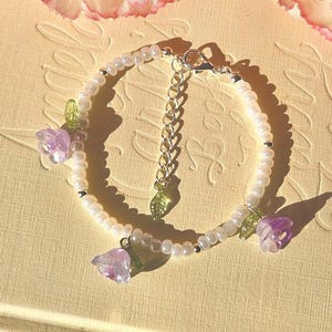 Lily of the Valley Beaded Bracelet: Lily of the Valley Beaded Jewelry | Lilac Bloom with Silver Closure & Tiny Silver Beads