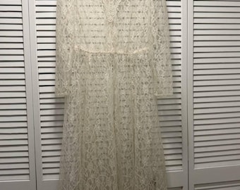 Vintage Sheer Lace Overlay Prairie Dress Wedding Gown Cottage Core High Neck Size M