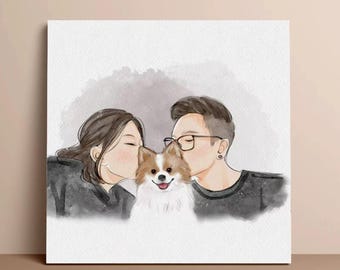 Portrait de famille personnalisé avec animaux de compagnie, portrait aquarelle personnalisé, cadeau mignon pour amoureux des chiens, portrait de chien personnalisé, cadeau attentionné pour la famille