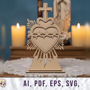 May include: A wooden Sacred Heart of Jesus statue featuring a cross, a crown of thorns, and radiating light. The statue is displayed on a white lace doily, with lit candles in the background. The text "AI, PDF, EPS, SVG" is at the bottom.