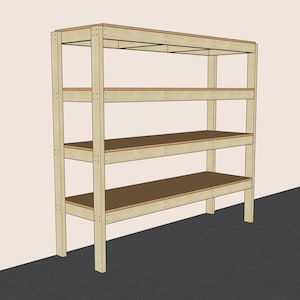 May include: A wooden shelving unit with four shelves. The shelves are made of plywood and are supported by four vertical posts. The unit is painted a light brown color.