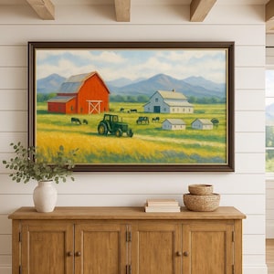 Farmhouse Landscape Art Print – Red Barn, Green Tractor & Cows in Wheat Field – Rustic Country Wall Decor, Impressionist Style Poster
