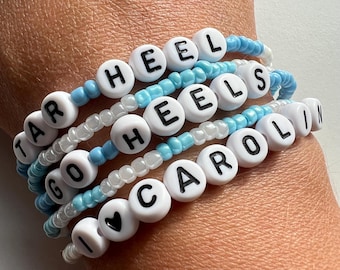 5 Piece UNC Game Day Bracelets, Carolina Tar Heels Sports Fan Friendship Bracelets, Glass Bead Carolina Blue Bracelet Stack, Great Gift!