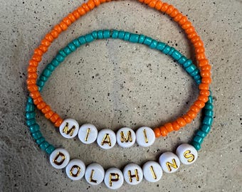 2 Piece Miami Dolphins Bracelet Stack, NFL Football Miami Dolphins Friendship Bracelets, Game Day Tailgate Jewelry, Great Gift!
