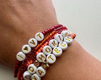 5 Piece Virginia Tech Game Day Bracelets, VA Tech Hokies Sports Fan Friendship Set, Glass Bead Orange & Burgundy Bracelet Stack, Great Gift!
