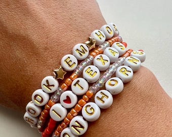 5 Piece University of Texas Game Day Bracelets, Texas Longhorns Sports Fan Friendship Bracelets, Glass Bead Bracelet Stack, Great Gift!