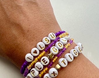 5 Piece LSU Tigers Game Day Bracelets, Louisiana State Sports Fan Friendship Bracelets, Glass Bead Purple & Gold Bracelet Stack, Great Gift!