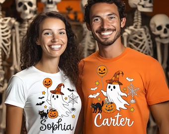 Gepersonaliseerd Halloween-shirt, T-shirt met spookmotief en eigen naam, schattig griezelig Halloween-shirt, shirt met spookmotief en heksenhoed