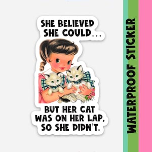 Cat On Her Lap Vinyl Stickers, Cat Lady Sticker, Vintage Inspired Sticker, Cat Sticker, Kitten Sticker, Funny Sticker, Water Bottle Sticker