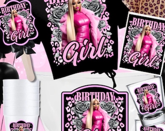 May include: A party bucket bundle with a black t-shirt, stickers, cups, and shot glasses. The items feature a pink and black design with the words "Birthday Girl" and an image of a woman in a pink outfit. Black balloons are in the background.