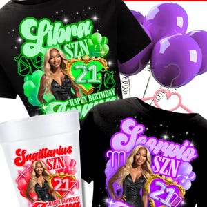 May include: Black t-shirts and a white cup with birthday designs. The shirts feature the text "Libra SZN" and "Scorpio SZN" with a photo of a woman, the number "21", and "Happy Birthday Amaya". The cup says "Sagittarius SZN" and "Happy Birthday Amaya".