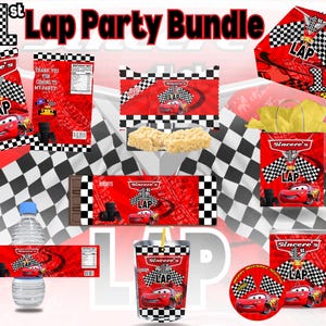 May include: A collection of party supplies with a race car theme. The items include bags, a water bottle, a cup, and a candy bar wrapper, all featuring the text "Lap Party Bundle" and "Sincere's". The color scheme is red, black, and white, with checkered flag and race car graphics.