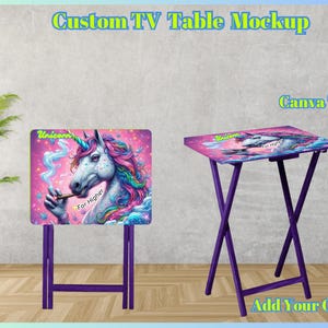May include: A purple folding TV table with a colorful graphic of a unicorn smoking a joint. The graphic says "Unicorn" and "For Higher".