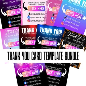 May include: A bundle of colorful "Thank You" card templates with various designs. Each card features the text "Thank You For Your Order!" and prompts to download a template. Social media icons and website addresses are also included.