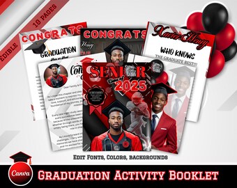 Puede incluir: Un folleto de actividades de graduación rojo, blanco y negro con una ilustración en blanco y negro de un gorro de graduación en la portada. El folleto tiene 10 páginas e incluye el texto "CONGRATS GRADUATION This is on What" y "EDIT FONTS, COLORS, BACKGROUNDS GRADUATION ACTIVITY BOOKLET".