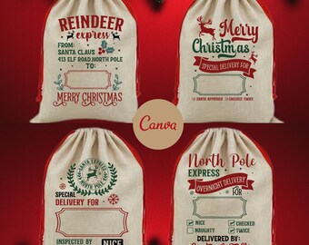 May include: A bundle of four beige Santa sacks with red drawstrings and festive text. Designs include "Reindeer Express," "Merry Christmas," "Special Delivery," and "North Pole Express." Each sack has a unique holiday-themed design.