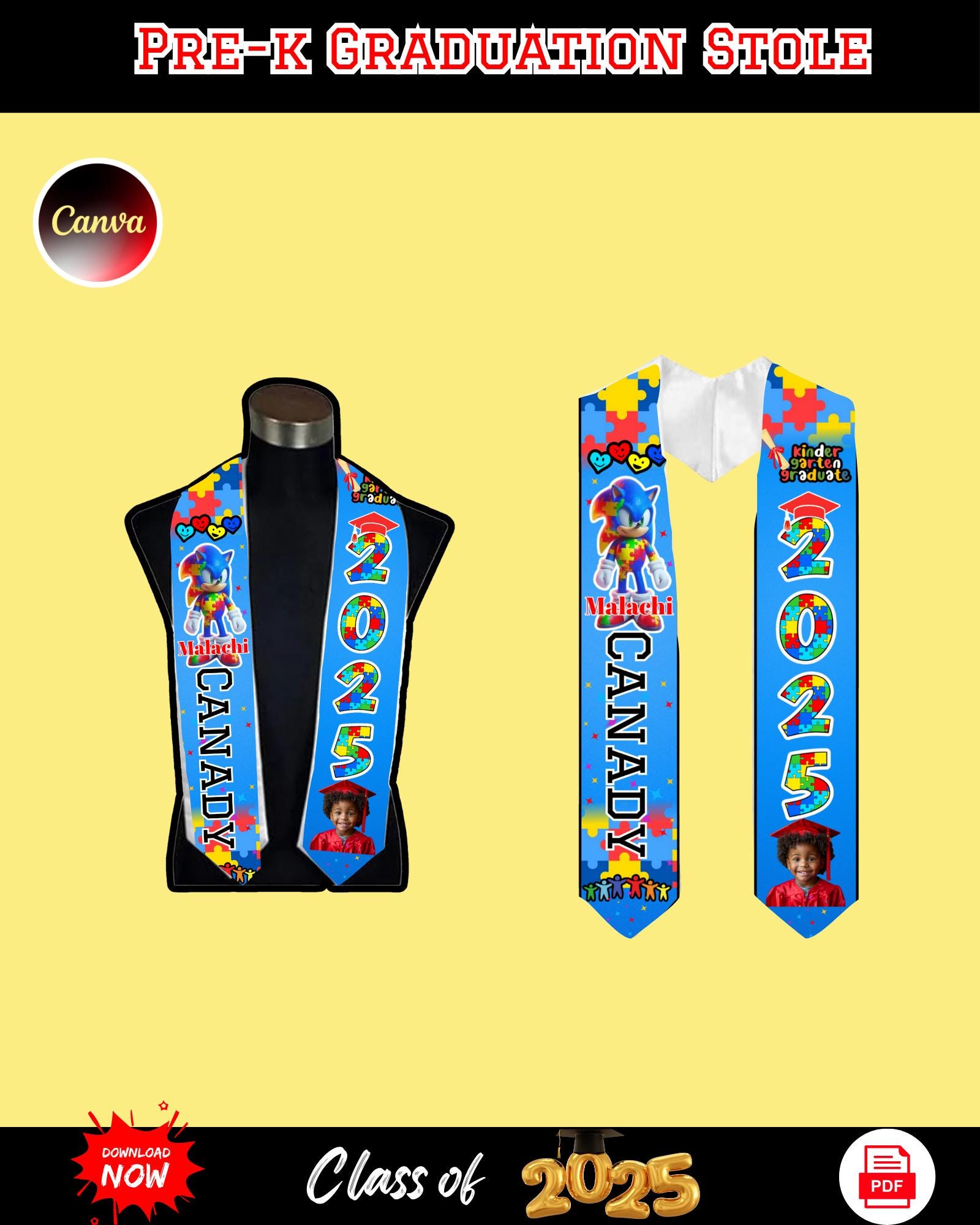 Autism Awareness Pre-k Graduation Stole Template: Editable Canva Design ...