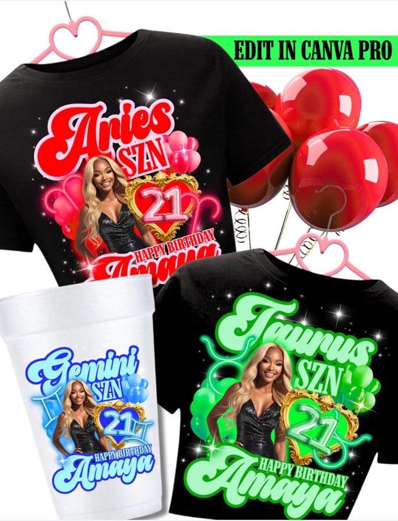 May include: Black t-shirts and a styrofoam cup with custom graphics. The shirts feature the text "Aries SZN" and "Taurus SZN" with a photo, the number "21", and "Happy Birthday Amaya". The cup has "Gemini SZN" and "Happy Birthday Amaya".