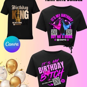 May include: Black t-shirts with birthday-themed designs. One shirt says "Birthday KING" with a gold chess piece graphic. Two crop tops say "It's my birthday" with cocktail graphics and the text "Buy me a drink".
