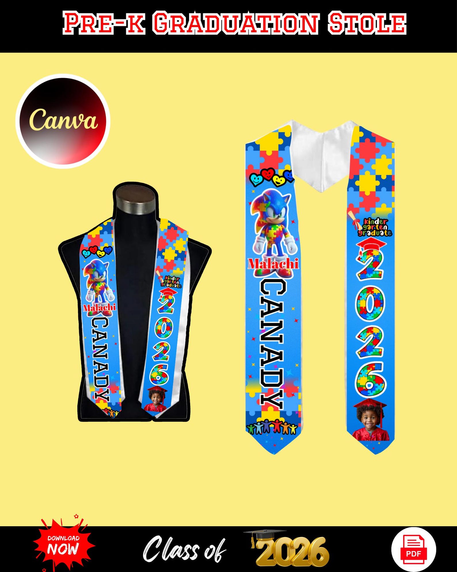 Autism Graduation Designs Autism Awareness Pre-k Graduation Stole Template: Editable Canva Design ...