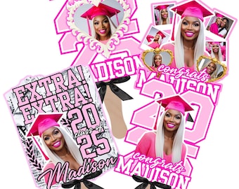 Peut inclure: Modèles d'éventails de graduation roses avec photos, texte et nœuds noirs. Les éventails présentent la photo de la diplômée, le nom "Madison" et le texte "félicitations". Les éventails sont décorés des chiffres "20" et "25".
