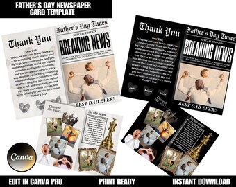 May include: Father's Day card template in a newspaper style. The design features "Thank You" cards and "Breaking News" cards with photos and text. The cards are editable and ready for printing.