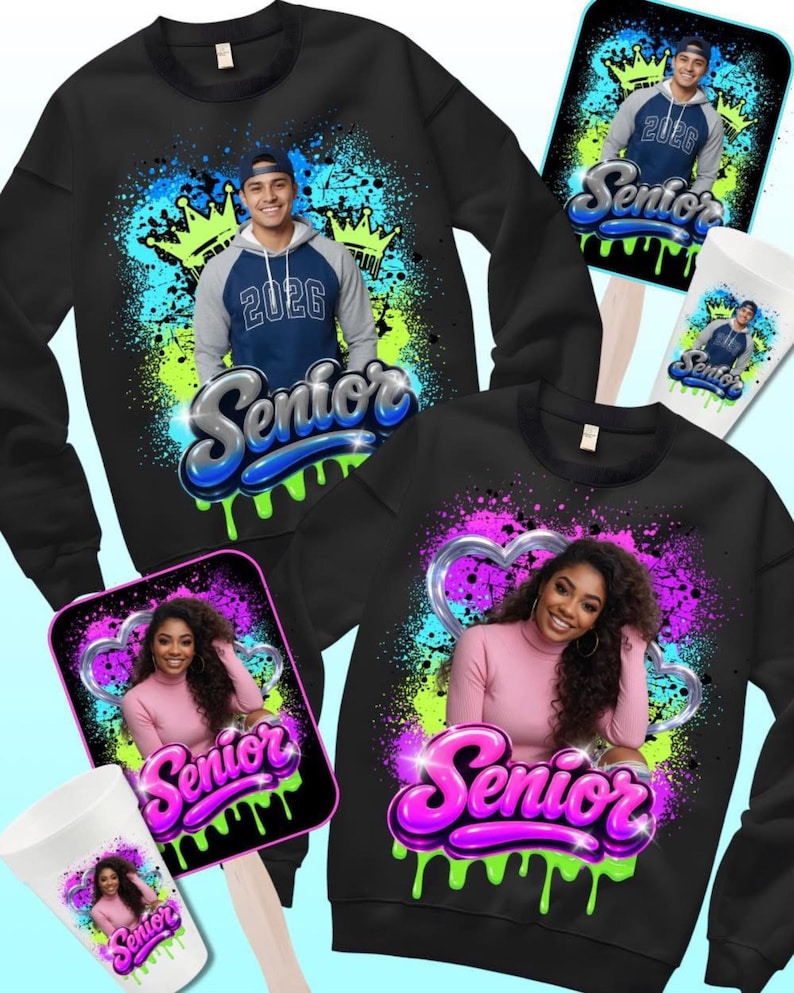 May include: Black sweatshirts, fan, and cup with a Senior design. The sweatshirts feature a photo of a person, the year 2026, and the word "Senior" in a graffiti-style font. The fan and cup have the same design.