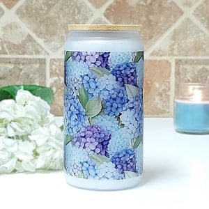 Purple and Blue Hydrangeas Frosted Glass Cup, Hydrangea Lover 16 Oz Cup, Gift for Her, Hydrangea Garden Tumbler by Petal & Pour