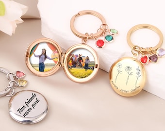 Personalized Photo Keychain with Birthstone - Custom Locket with Combined 2-4 Birth Flowers & Names, Gift for Mom, Grandma, Best Friends