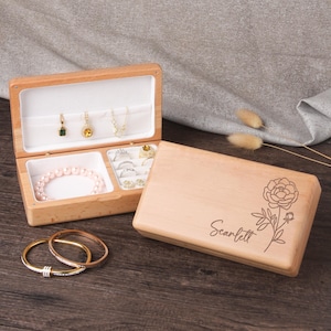 Boîte à bijoux en bois personnalisée fleur de naissance, étui de voyage personnalisé pour bijoux prénom gravés, cadeau pour elle, demoiselles d'honneur ou anniversaire