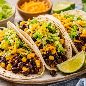 Può includere: Tre tortillas di farina morbide ripiene di fagioli neri, mais giallo, lattuga verde sminuzzata e formaggio cheddar arancione grattugiato, servite su un piatto con uno spicchio di lime fresco, accompagnate da ciotole di lattuga e formaggio extra.