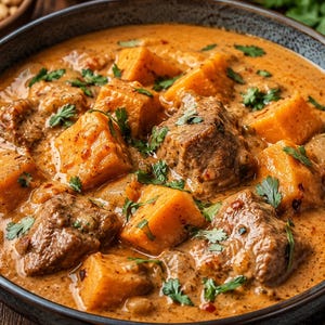 Op de afbeelding: Een kom met romige oranje curry met stukjes mals vlees en blokjes zoete aardappel, gegarneerd met verse groene korianderblaadjes. De rijke, textuurrijke saus bedekt de ingrediënten en vormt een hartig gerecht in een donkere keramische kom.
