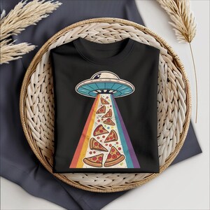 Funny UFO Pizza T-Shirt: Retro 80s Alien Abduction Graphic Tee