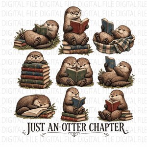Könnte beinhalten: Eine Sammlung von Illustrationen mit braunen Ottern, die in verschiedenen Posen Bücher lesen, darunter auf Bücherstapeln sitzend, liegend und in einem Korb ruhend. Der Text "JUST AN-OTTER CHAPTER" steht unten in schwarzer Schrift.
