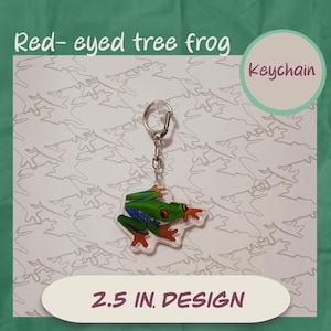 May include: A keychain featuring a red-eyed tree frog design. The frog is green with blue and red accents, and has bright red eyes. The keychain is 2.5 inches in design and includes a silver-colored keyring.