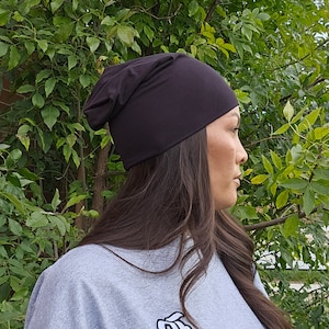Black Slouchy Beanie/Black beanie /Fall Hat/Running Hat /Bamboo Cotton Beanie / Cancer Headwear