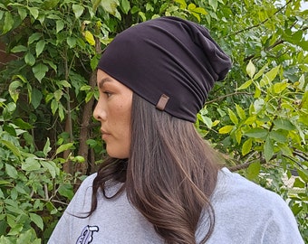 Black Slouchy Beanie/Running Hat/Bamboo Jersey Cotton Beanie /Cancer Headwear /Black Beanie/ Black Slouchy Hat