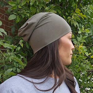Army Green Slouchy Beanie/ Green beanie / Fall Hat/Running Hat /Bamboo Cotton Beanie / Cancer Headwear