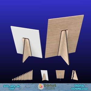 May include: Two wooden display stands, one with a white surface and the other with a wood grain surface, are shown against a blue background. The stands have a simple, modern design. Additional design variations are shown below. Text includes "SVG, EPS, AI, DXF" and "DIGITAL DOWNLOAD".