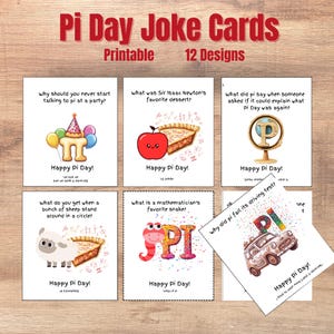 May include: A set of 12 printable Pi Day joke cards featuring colorful illustrations and puns. The cards are designed to be used for a fun and educational activity on Pi Day.