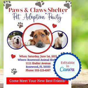 Editable Pet Adoption Event Flyer Template, Adopt a Pet Event Flyer,  Dog Adoption Flyer, Cat Adoption Flyer, Animal Adoption Event