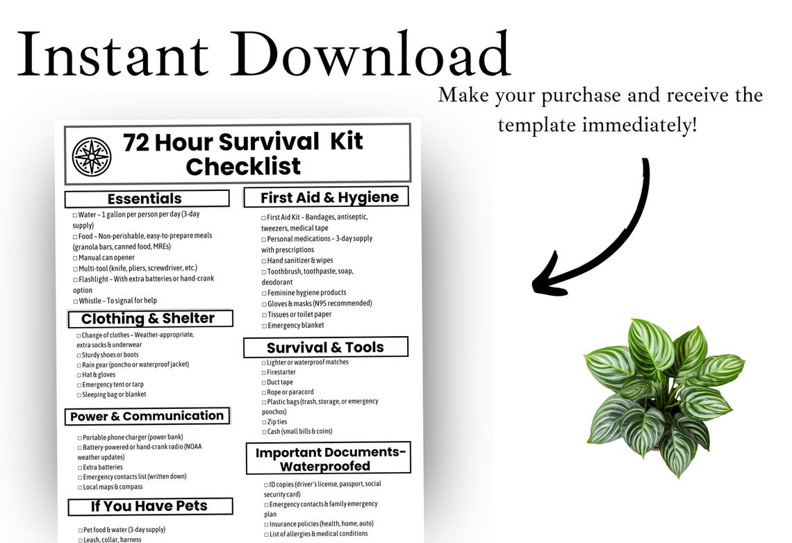 72 Hour Survival Kit Checklist Printable, Emergency Go Bag Checklist ...