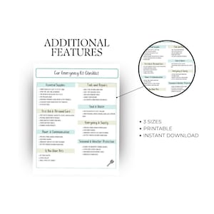 K&ouml;nnte beinhalten: Eine druckbare Checkliste f&uuml;r ein Auto-Notfallset. Die Checkliste ist in Kategorien wie wichtige Utensilien, Werkzeuge und Reparaturen, Essen und Wasser, Erste Hilfe und pers&ouml;nliche Pflege, Strom und Kommunikation, Notfall und Sicherheit, saisonaler und Wetterschutz sowie f&uuml;r den Fall, dass Sie Haustiere haben, unterteilt. Die Checkliste ist in drei Gr&ouml;&szlig;en erh&auml;ltlich und kann sofort heruntergeladen werden.