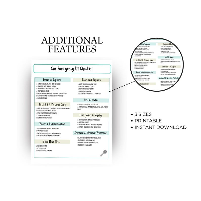 K&ouml;nnte beinhalten: Eine druckbare Checkliste f&uuml;r ein Auto-Notfallset. Die Checkliste ist in Kategorien wie wichtige Utensilien, Werkzeuge und Reparaturen, Essen und Wasser, Erste Hilfe und pers&ouml;nliche Pflege, Strom und Kommunikation, Notfall und Sicherheit, saisonaler und Wetterschutz sowie f&uuml;r den Fall, dass Sie Haustiere haben, unterteilt. Die Checkliste ist in drei Gr&ouml;&szlig;en erh&auml;ltlich und kann sofort heruntergeladen werden.