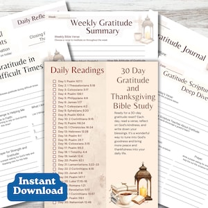Estudo Bíblico de 30 Dias sobre Gratidão e Ação de Graças, Diário de Gratidão Cristão para Imprimir, Plano de Leitura de Versículos e Escrituras para o Dia de Ação de Graças